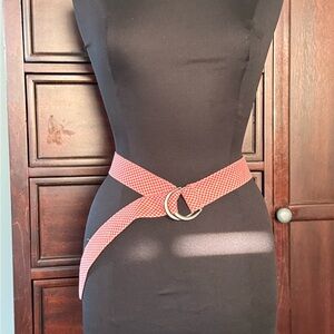 LL Bean red & white gingham check D ring ribbon belt. EUC